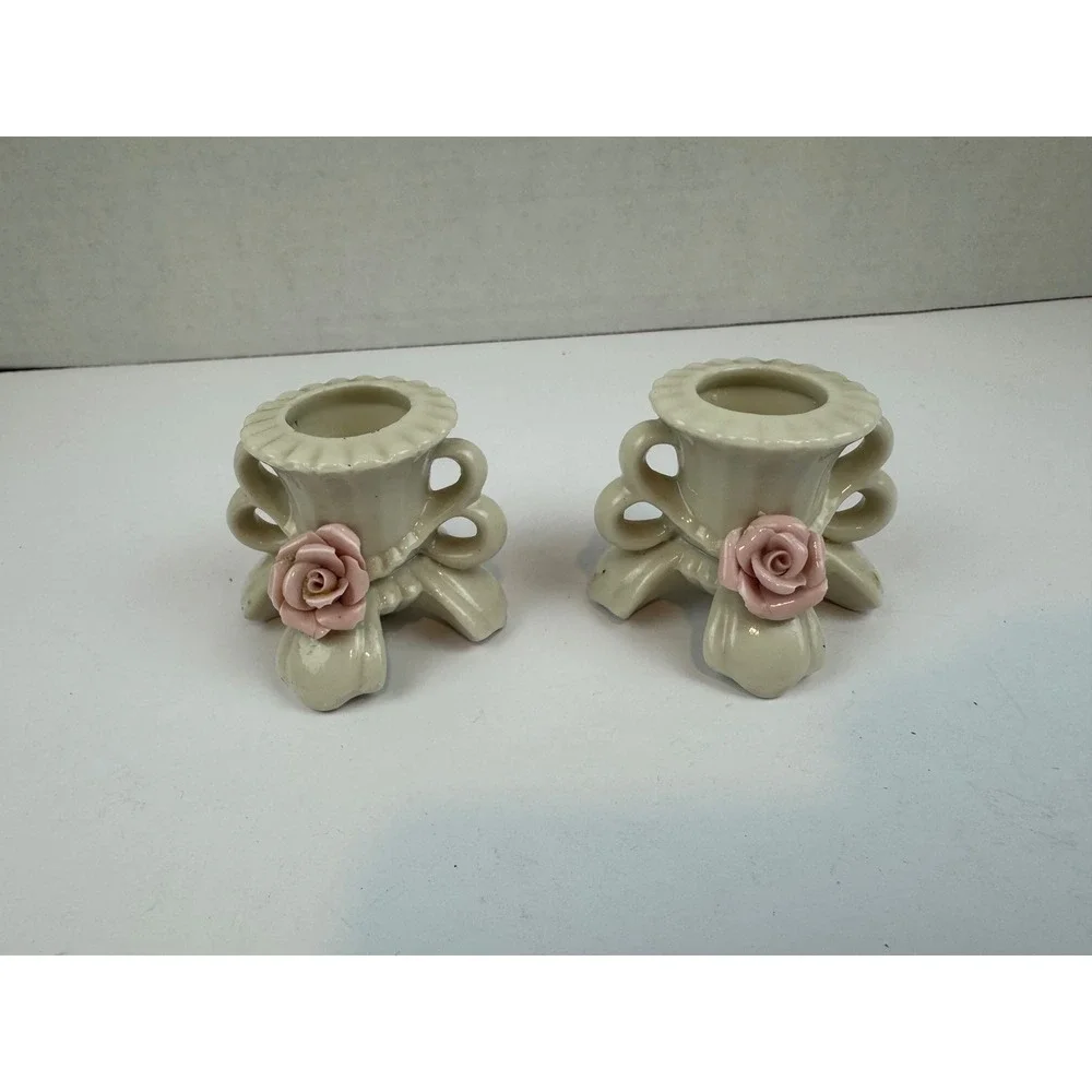 Vintage Ceramic Pink Rose Candle Holder Set Cottagecore Porcelain Taper Pair